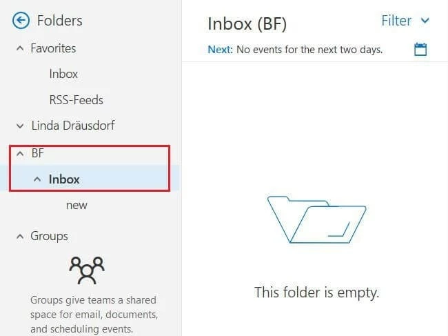 Outlook on the web: Folder area with added mailbox Outlook on the web: Folder area with added mailbox
