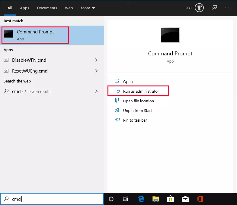 Image: Running Command Prompt from the Windows 10 search box