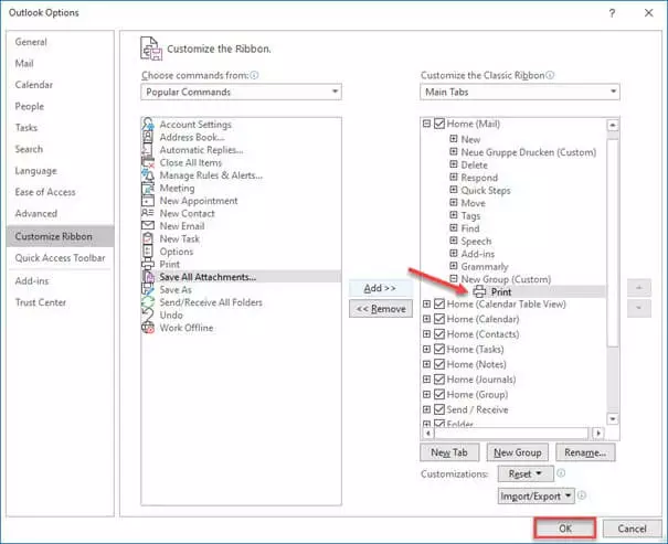 Image: “Customize Ribbon” window in Outlook with new group and print function