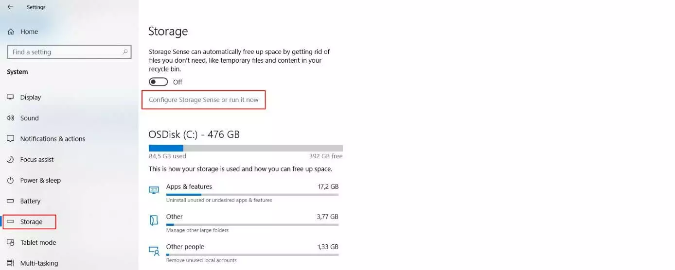 Image: Windows 10: menu for “Storage Sense”