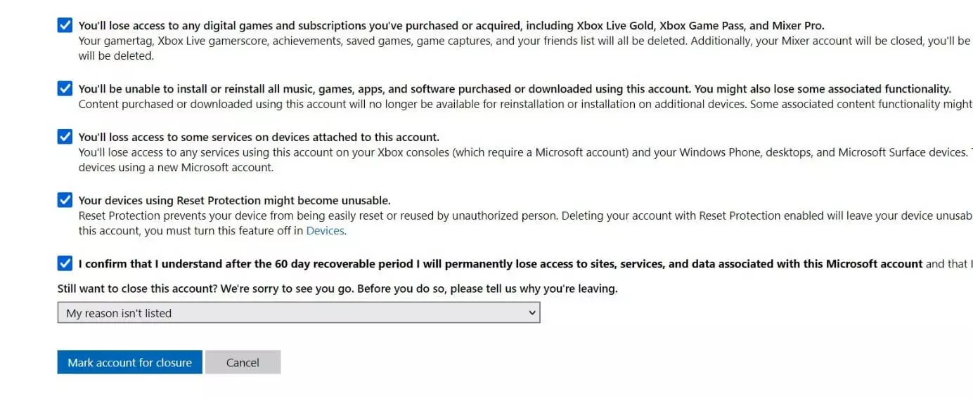 Image: Check mark to confirm deletion, “Mark account for closure” button