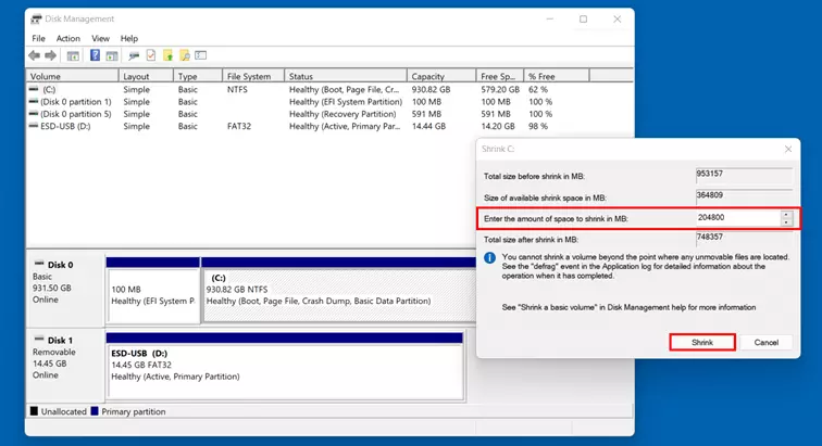 Image: Shrink drive in Windows 11