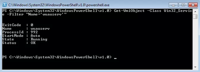Image: Results of the pipeline Get-WmiObject -Computername -Class Win32_Service -Filter "Name='wuauserv'"