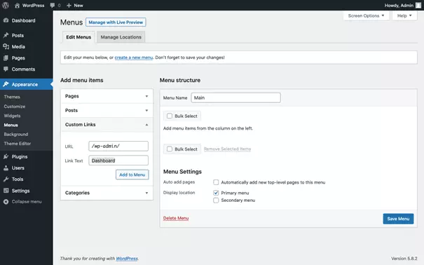 Image: Define individual link to WordPress dashboard
