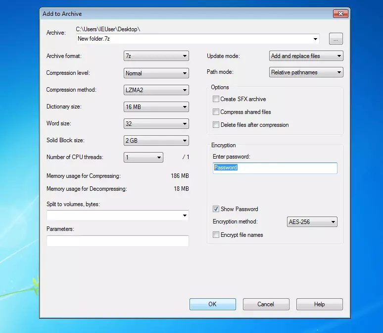 Image: Screenshot of the 7-Zip input window on Windows