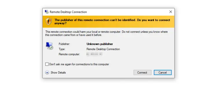 Windows dialog: Establishing the remote connection to the server Windows dialog: Establishing the remote connection to the server
