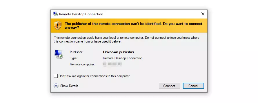 Image: Windows dialog: Establishing the remote connection to the server