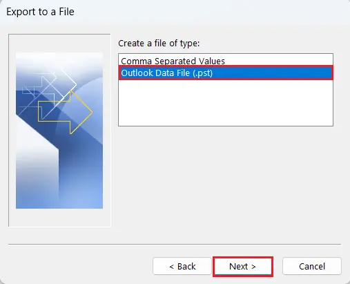 Outlook Import and Export Wizard: Available file types Image: Outlook Import and Export Wizard: Available file types