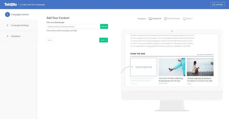The first step of creating a campaign with Taboola The first step of creating a campaign with Taboola