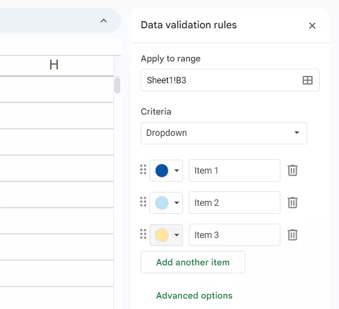 Google Sheets: Example of drop-down elements Google Sheets: Example of drop-down elements