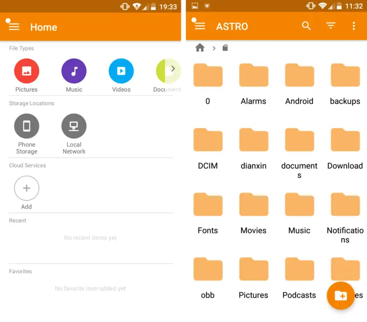 Homepage and storage overview of ASTRO File Manager for Android Homepage and storage overview of ASTRO File Manager for Android