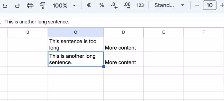 Screenshot of text wrapping with a wider cell in Google Sheets Screenshot of text wrapping with a wider cell in Google Sheets