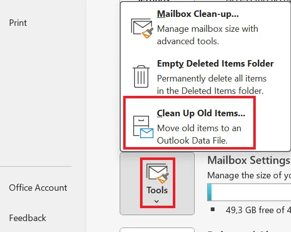 Image: Microsoft Outlook: Options for clearing up Outlook