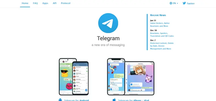 Screenshot of the Telegram website Screenshot of the Telegram website