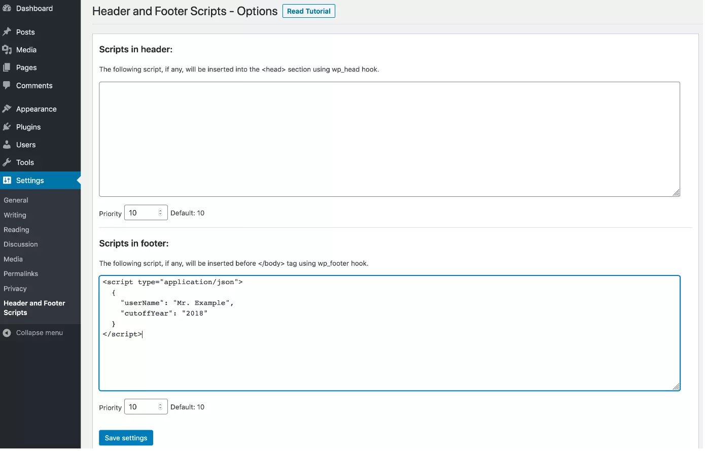 Image: Insert script markup in WordPress footer