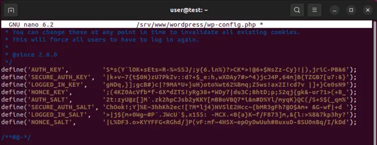 Configuration file wp-config.php with new key entries Configuration file wp-config.php with new key entries