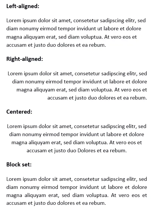 Example text in different alignments: left-aligned, right-aligned, centered, and block set Example text in different alignments: left-aligned, right-aligned, centered, and block set