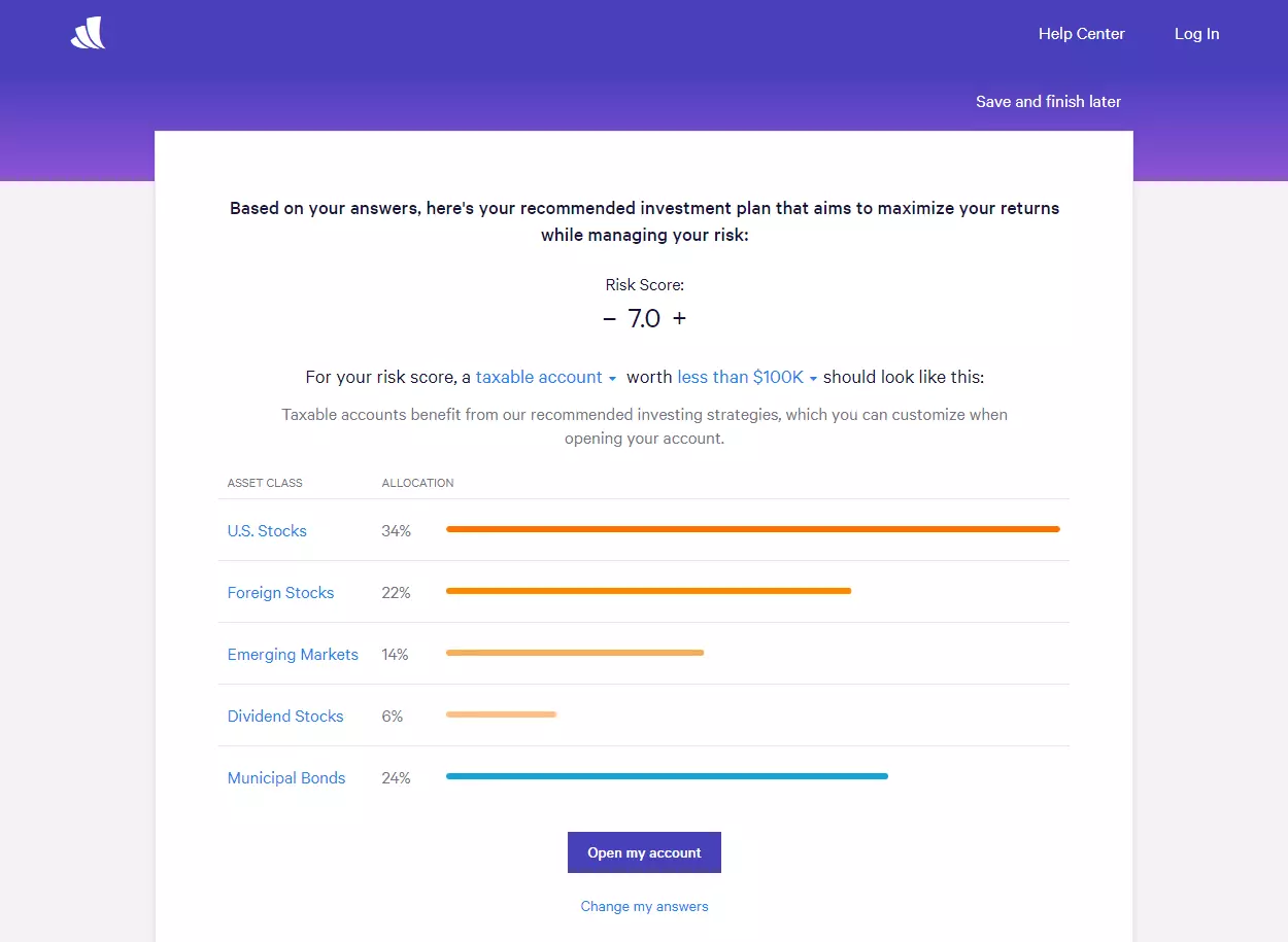 Image: The Wealthfront robo-advisor breaks down the percentages of recommended investment assets