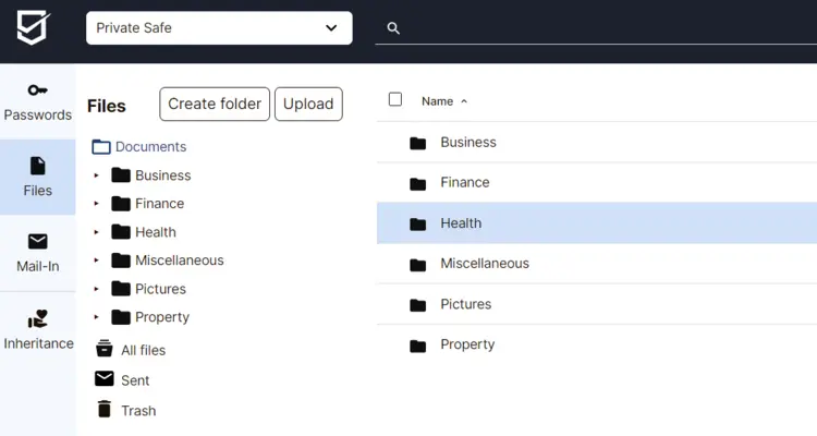 SecureSafe: Folder overview SecureSafe: Folder overview
