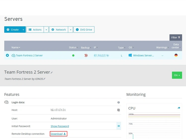Overview of the Team Fortress 2 server in your IONOS account Overview of the Team Fortress 2 server in your IONOS account