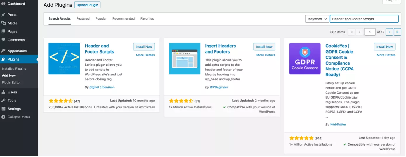 Image: Search for Header and Footer Scripts Plugin