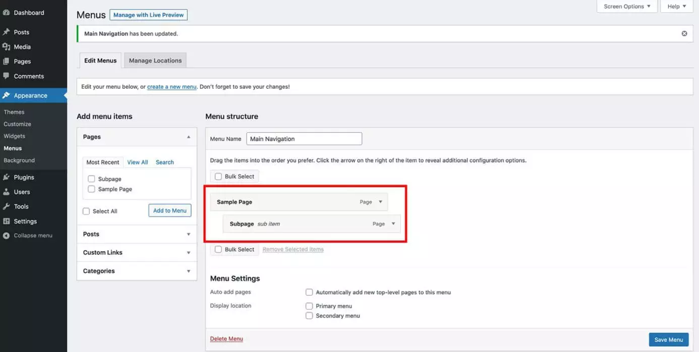 Image: Admin area to create WordPress menu