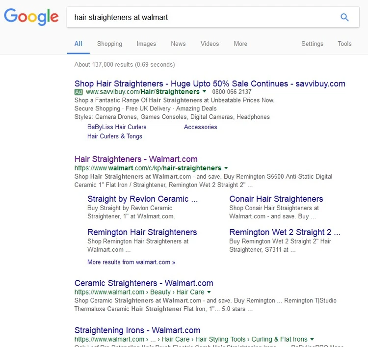 Google SERP for 'hair straighteners at Walmart' Google SERP for 'hair straighteners at Walmart'