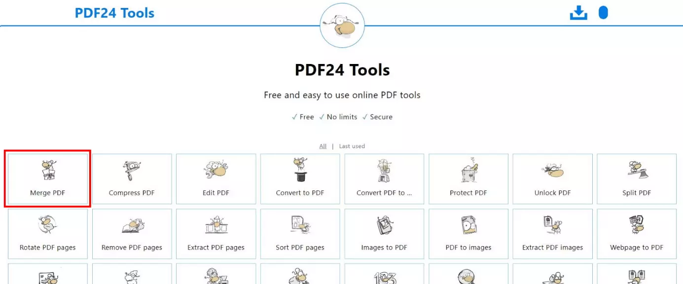 Image: Overview of the functions offered by PDF24 Tools