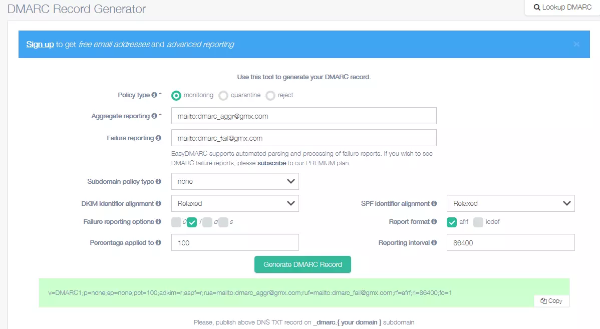 Image: Screenshot of the DMARC Record Generator tool provided by EasyDMARC