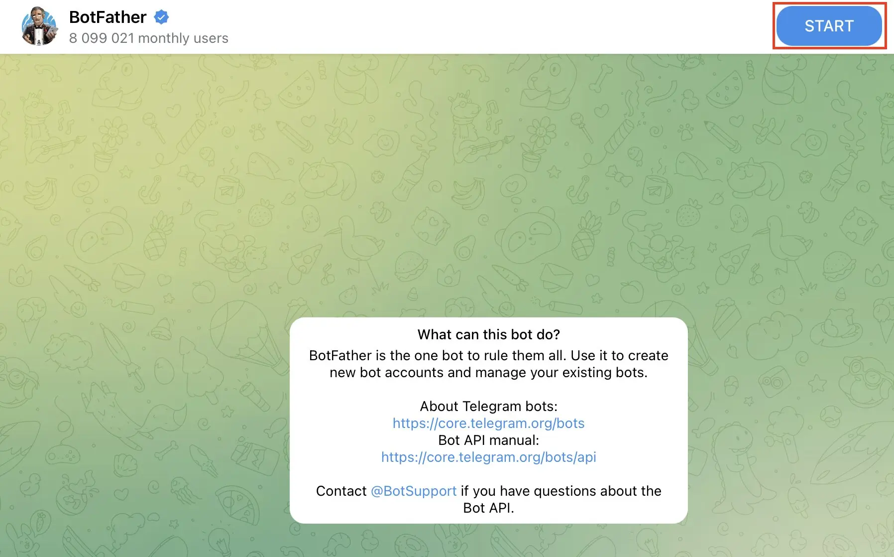 Telegram BotFather: Start BotFather Image: Telegram BotFather: Start BotFather