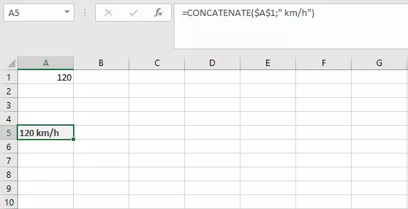 Image: Excel CONCATENATE function with cell reference and text