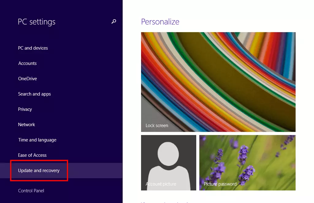 Image: PC settings of Windows 8 with the menu item “Update and recovery”