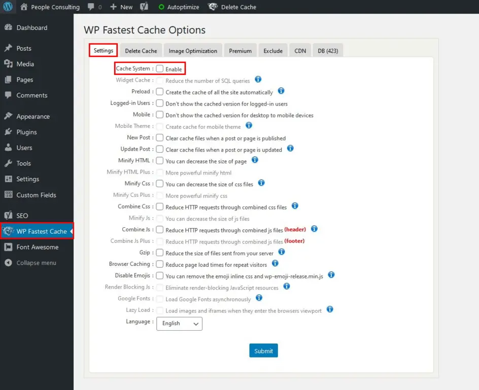 WordPress caching settings panel showing enable/disable caching toggle
