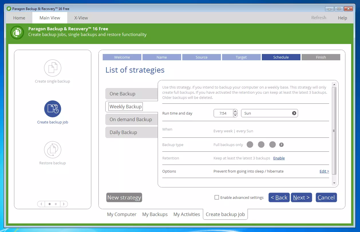 Paragon Backup and Recovery 16 Free: backup calendar function