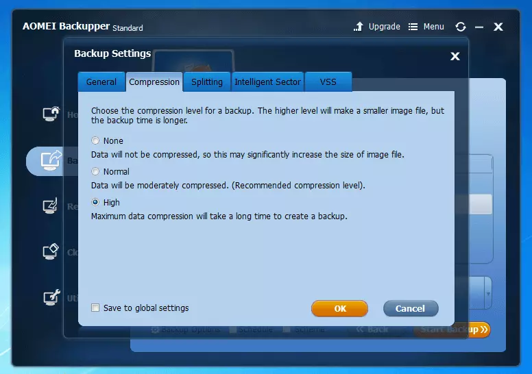 Aomei Backupper Standard 4.0.4: selection menu for compression level