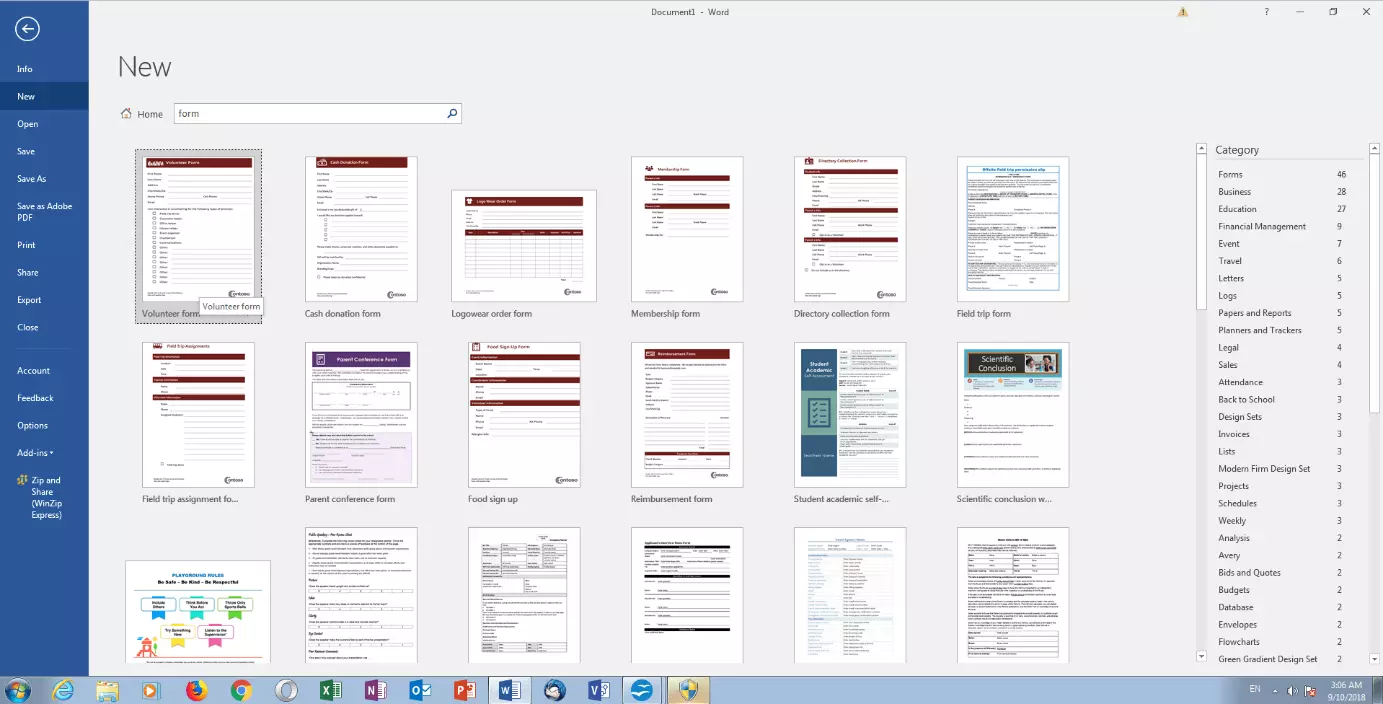 Selection of form templates in MS Word