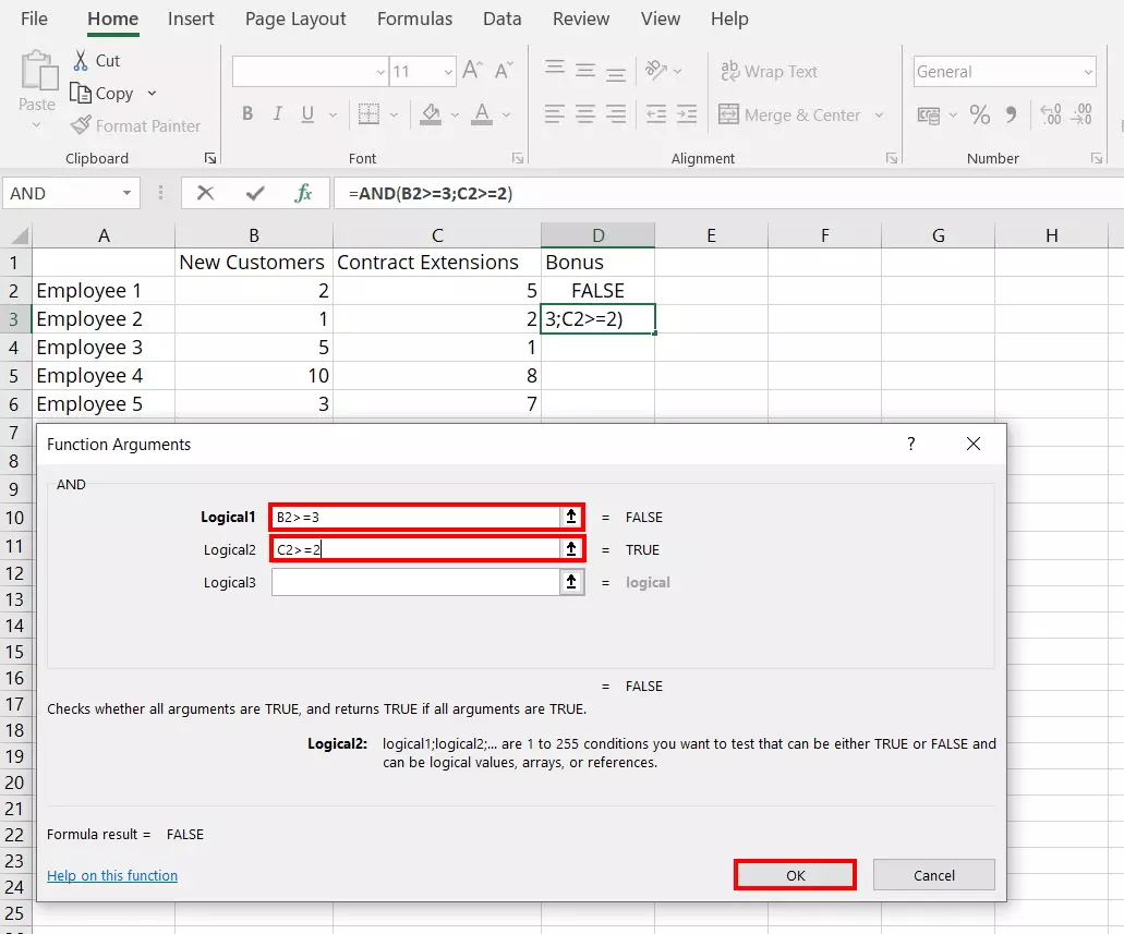 Image: Excel AND: “Function Arguments” dialog box