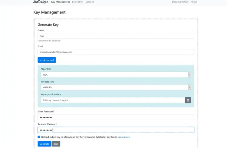 Generating a key in Mailvelope Generating a key in Mailvelope