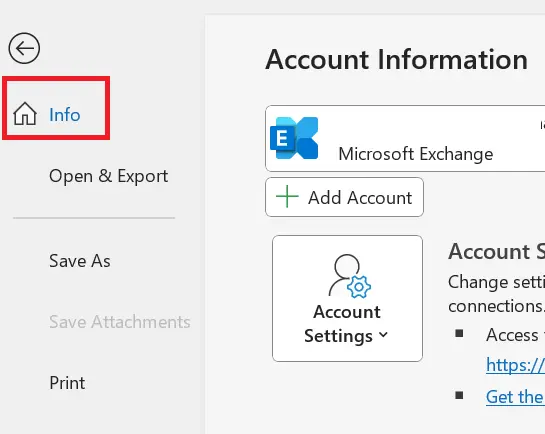 Image: Microsoft Outlook: “Info” option in the “File” tab