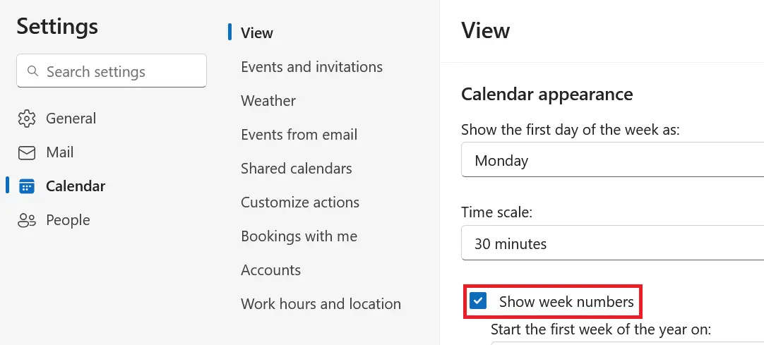 Image: Outlook web calendar settings