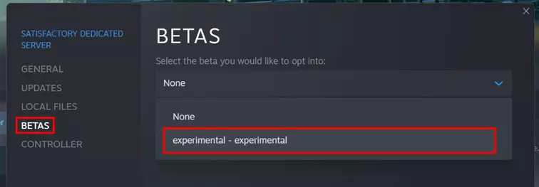 Image: Satisfactory server: Switching to the experimental version