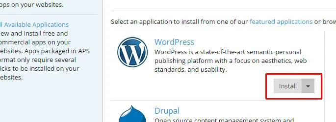 Install for WordPress on the Applications page Install for WordPress on the Applications page