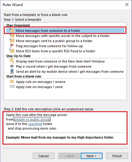 Image: Outlook Rules Wizard: Selecting rule templates