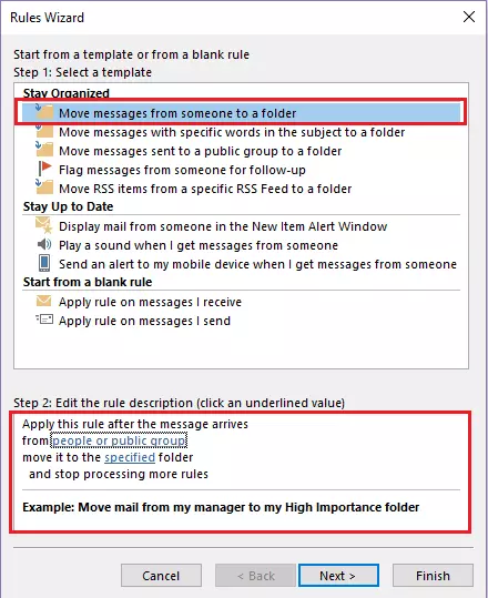 Outlook Rules Wizard: Selecting rule templates Outlook Rules Wizard: Selecting rule templates