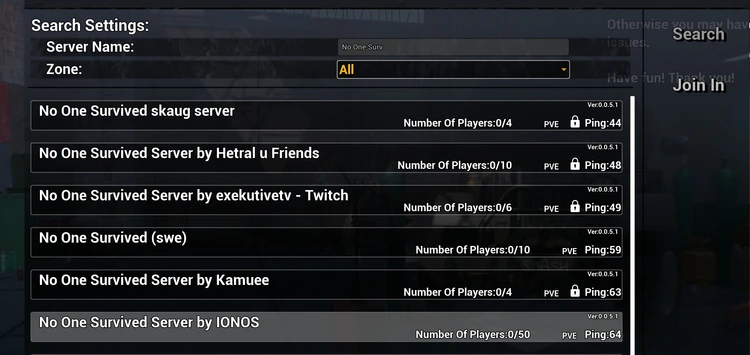 Screenshot of No One Survived search settings Screenshot of No One Survived search settings