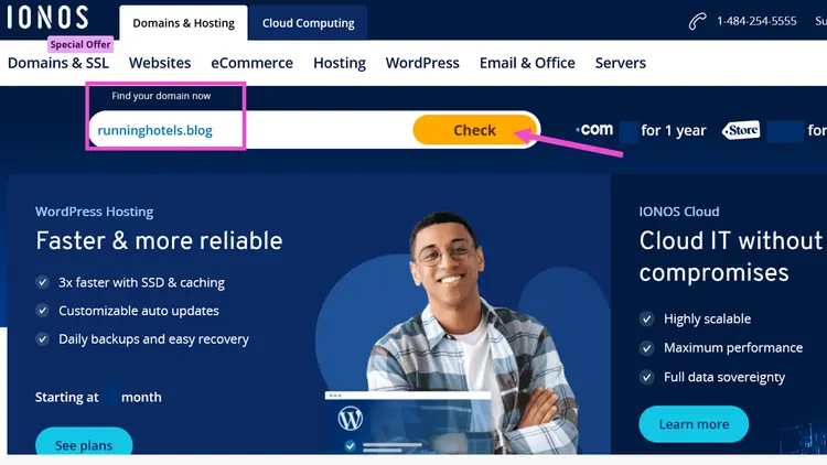 IONOS homepage with domain checker IONOS homepage with domain checker