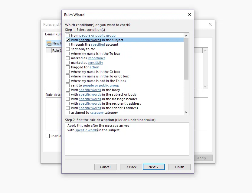 Image: Outlook Rules Wizard: Selecting conditions