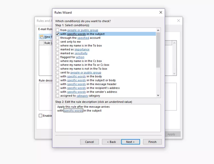 Outlook Rules Wizard: Selecting conditions Outlook Rules Wizard: Selecting conditions
