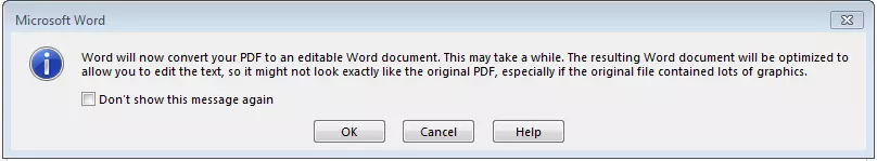 Image: Information when converting a PDF to a Word document