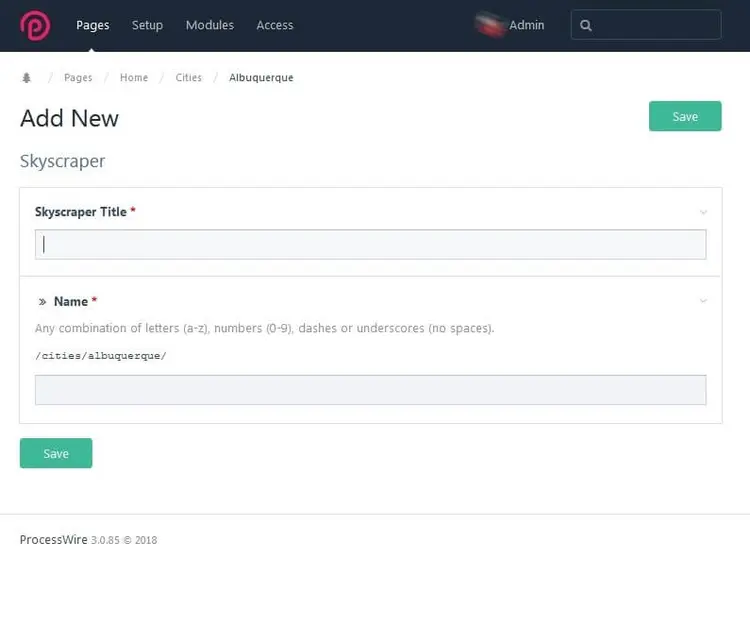 Menu for creating a new page Menu for creating a new page